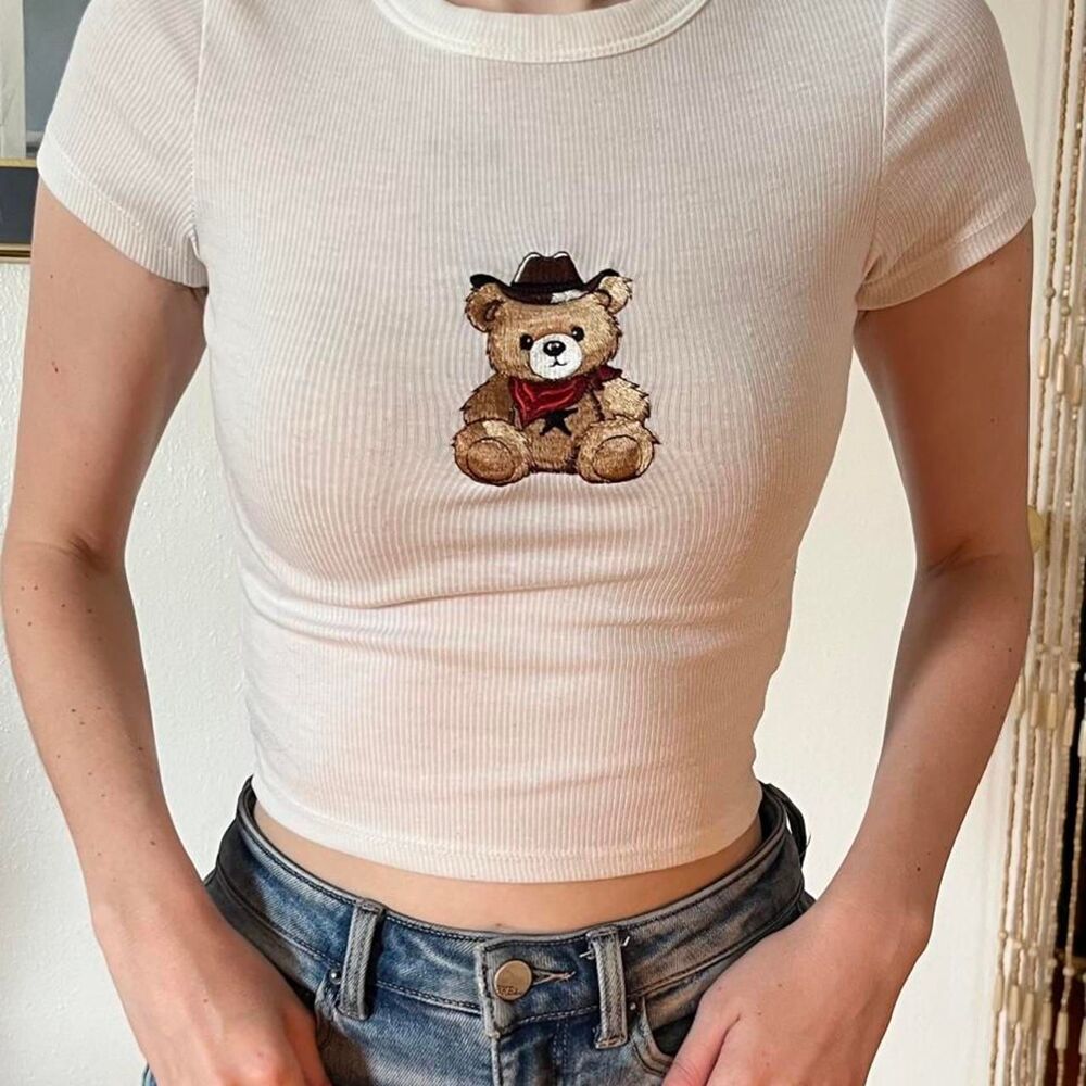 Vintage Vine and Valley Cowboy Teddy Bear Baby Tee White Ribbed Knit Size XS
